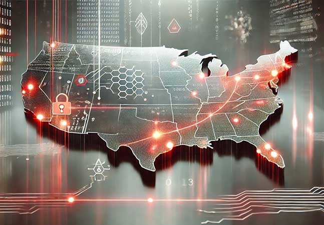 Map of United States with cybersecurity icons